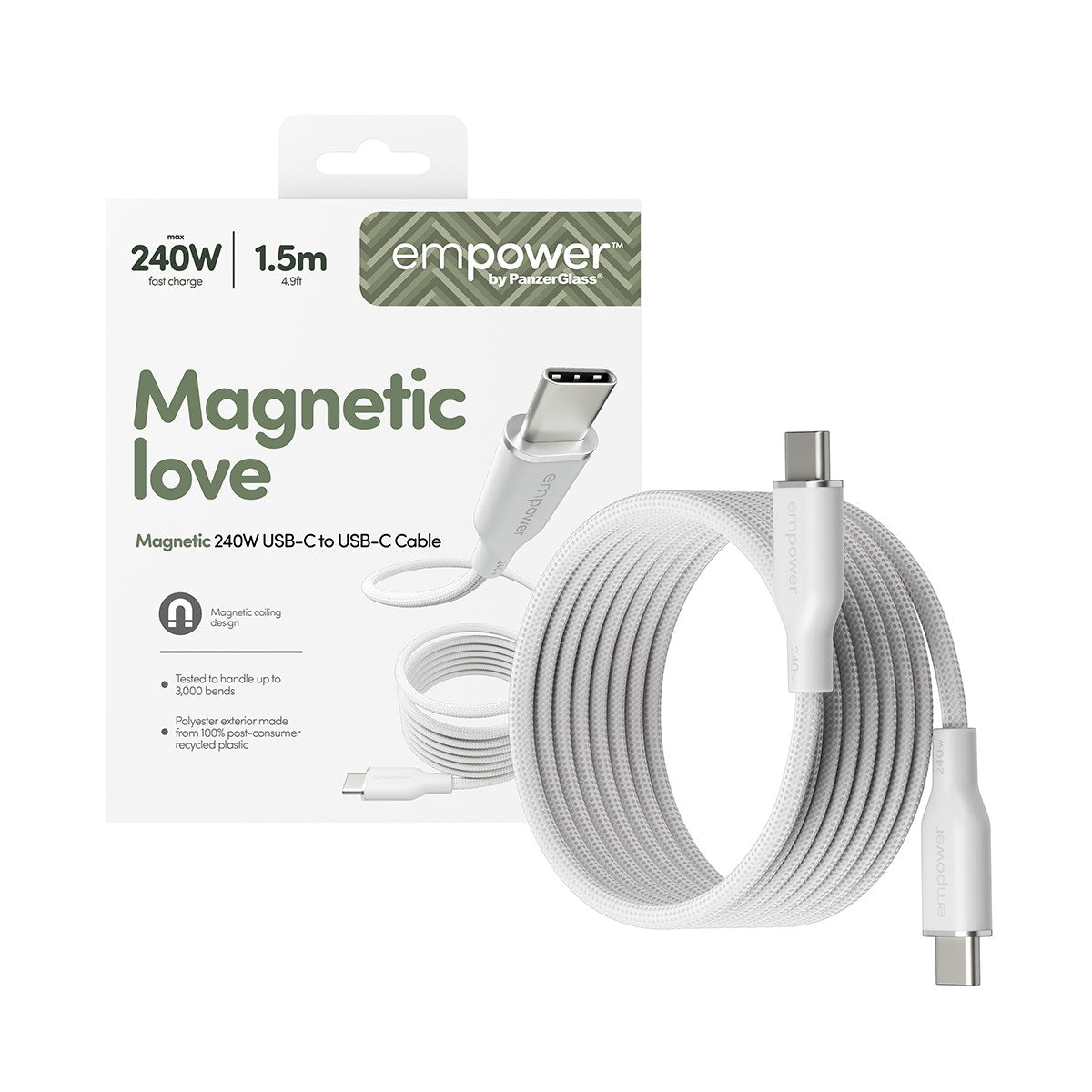 empower by PanzerGlass® Magnetic 240W USB-C to USB-C Kabel | USB 2.0 | 1.5M |Silber Weiss