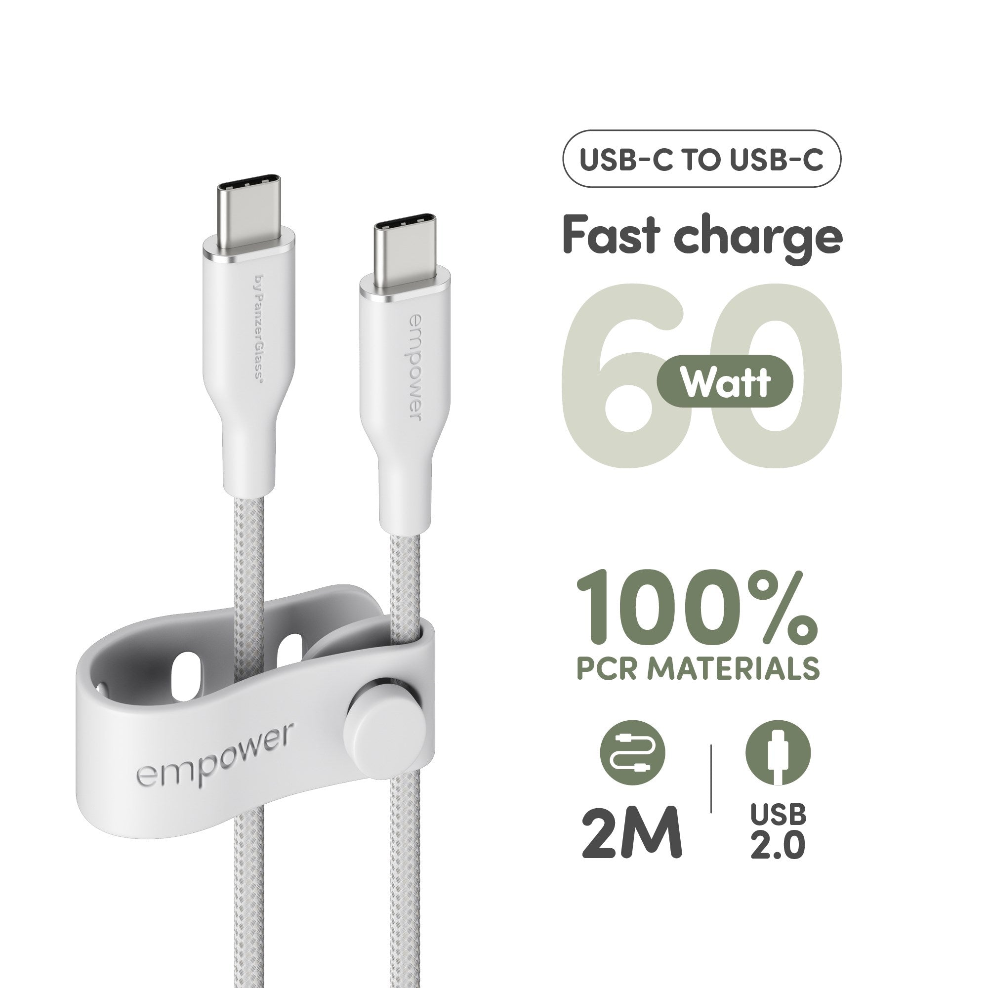 empower by PanzerGlass® Racing 60W USB-C to USB-C Kabel | USB 2.0 | 2M | Silber Weiss