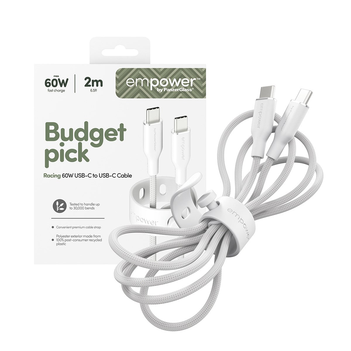 empower by PanzerGlass® Racing 60W USB-C to USB-C Kabel | USB 2.0 | 2M | Silber Weiss