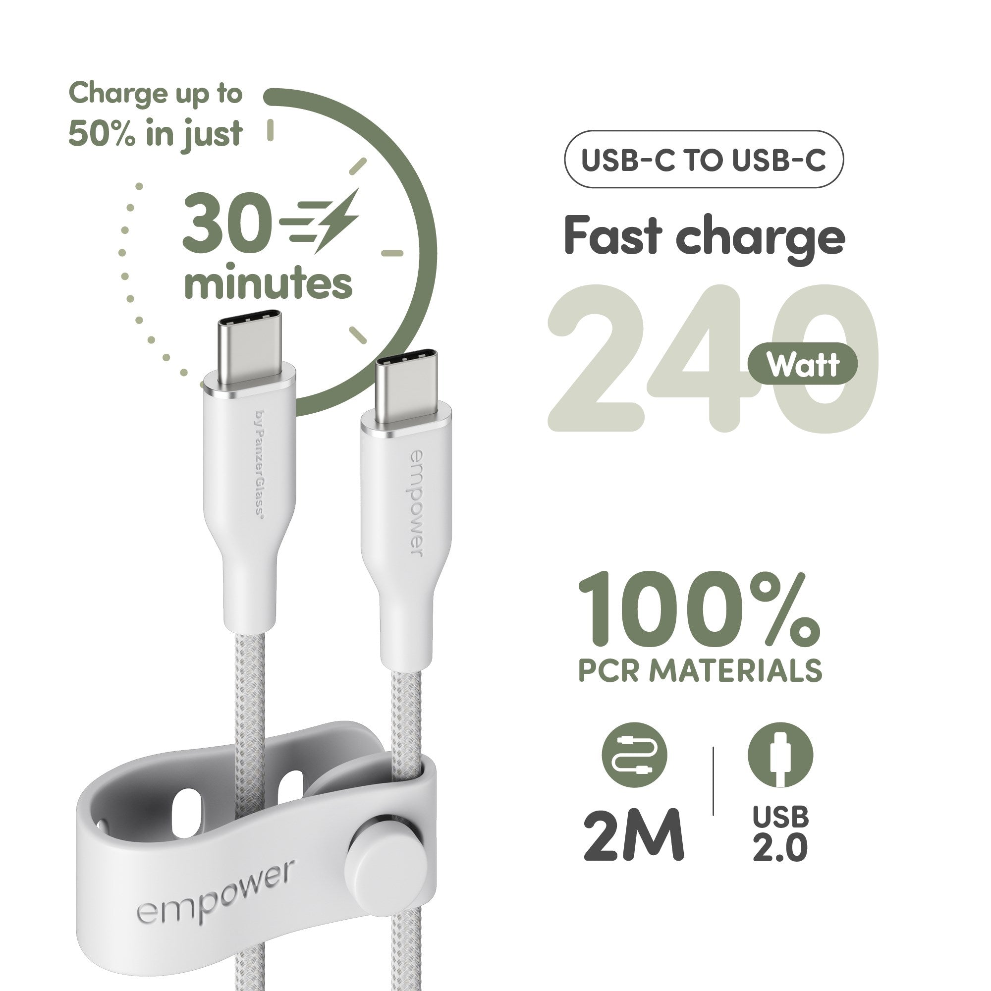 empower by PanzerGlass® Racing 240W USB-C to USB-C Kabel | USB 2.0 | 2M | Silber Weiss
