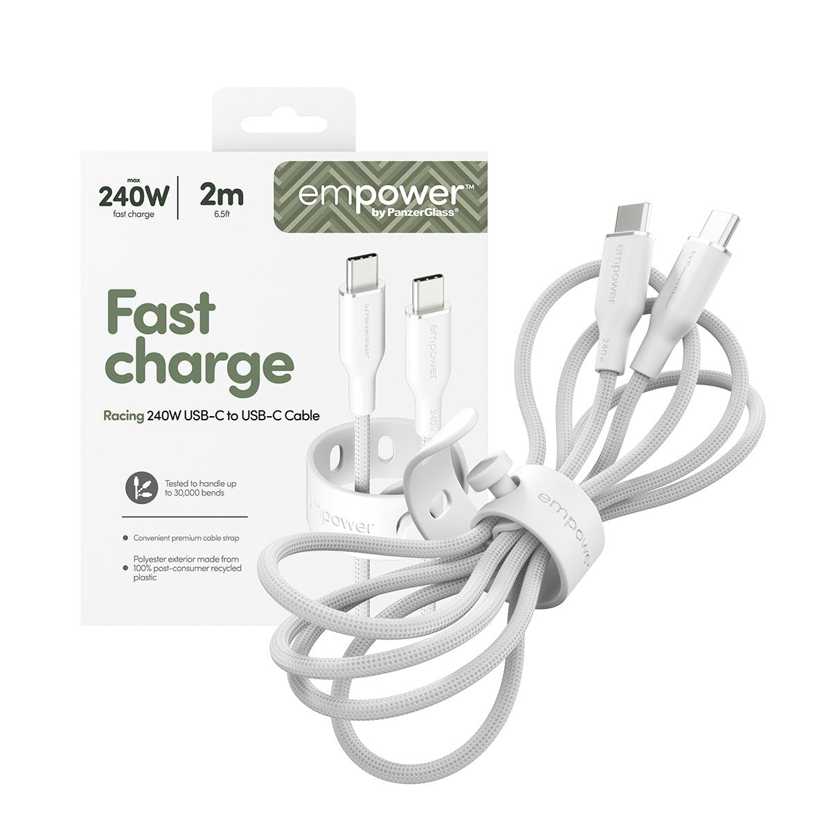 empower by PanzerGlass® Racing 240W USB-C to USB-C Kabel | USB 2.0 | 2M | Silber Weiss