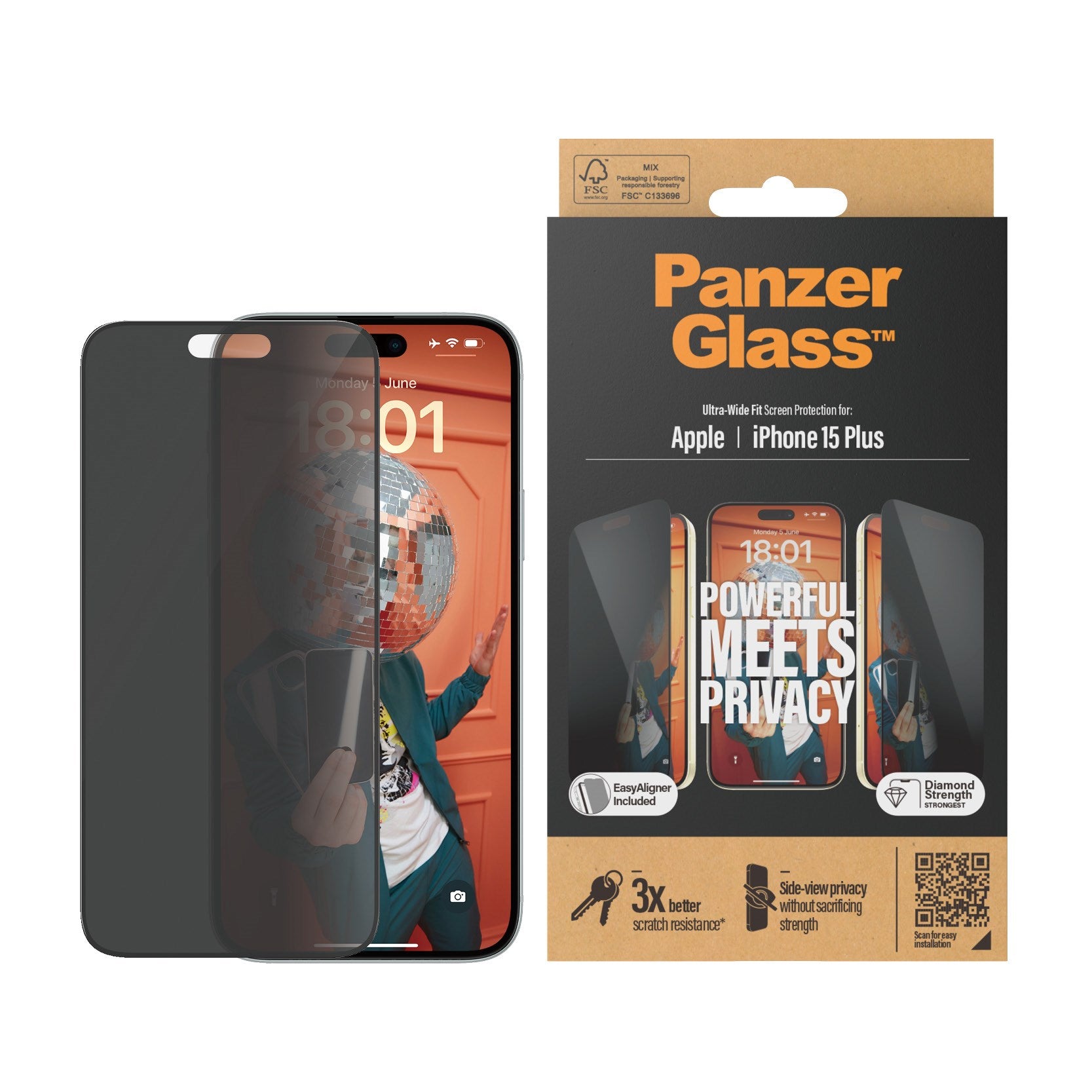 PanzerGlass® Privacy Displayschutz iPhone 15 Plus | Ultra-Wide Fit m. EasyAligner