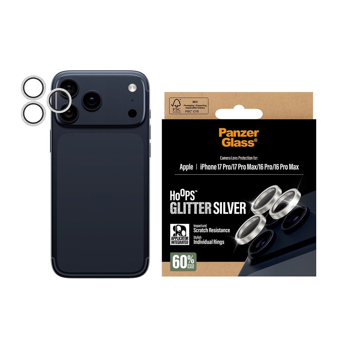 PanzerGlass® Hoops® Glitter Silber Kameraschutz iPhone 17 Pro | iPhone 17 Pro Max | iPhone 16 Pro | 16 Pro Max