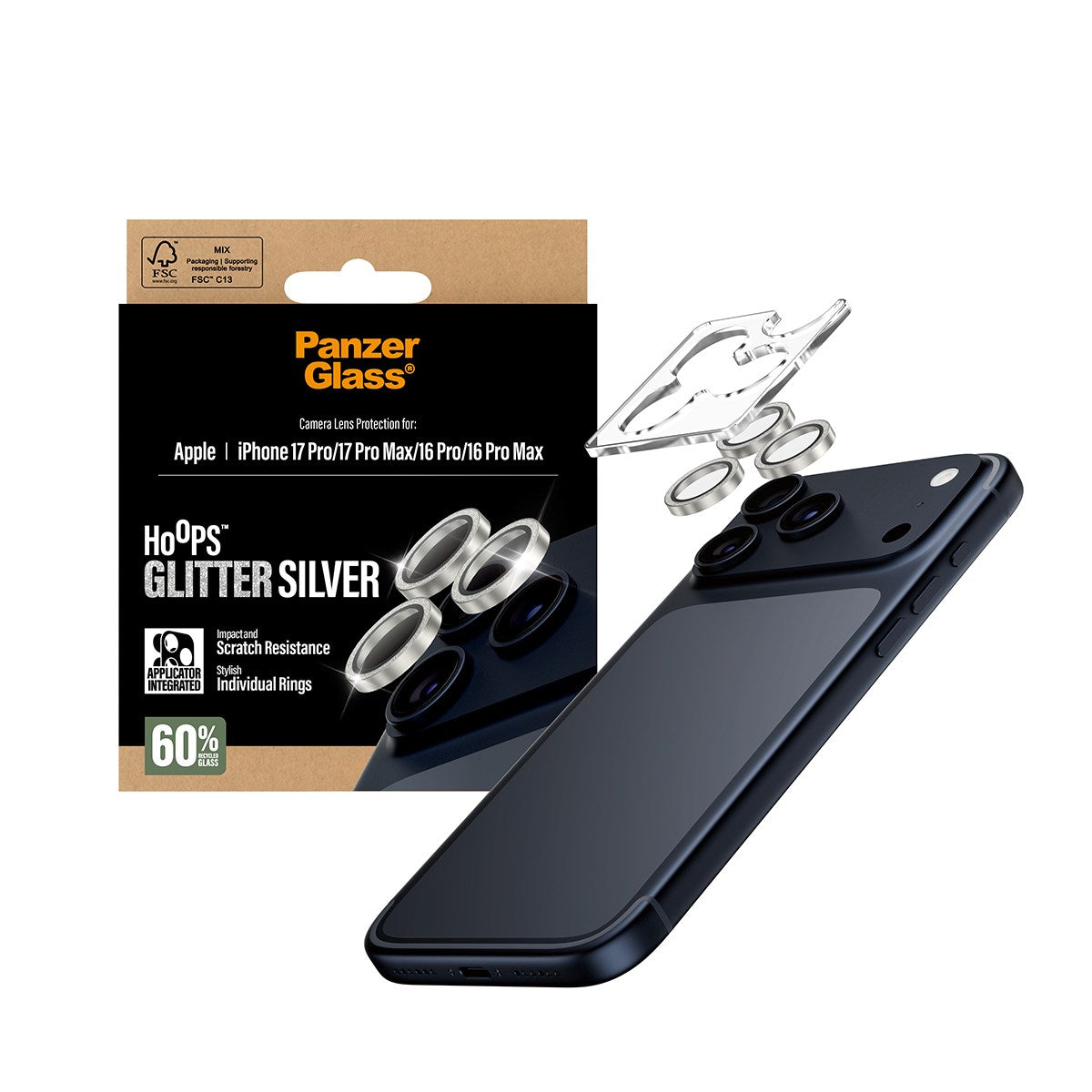 PanzerGlass® Hoops® Glitter Silber Kameraschutz iPhone 17 Pro | iPhone 17 Pro Max | iPhone 16 Pro | 16 Pro Max