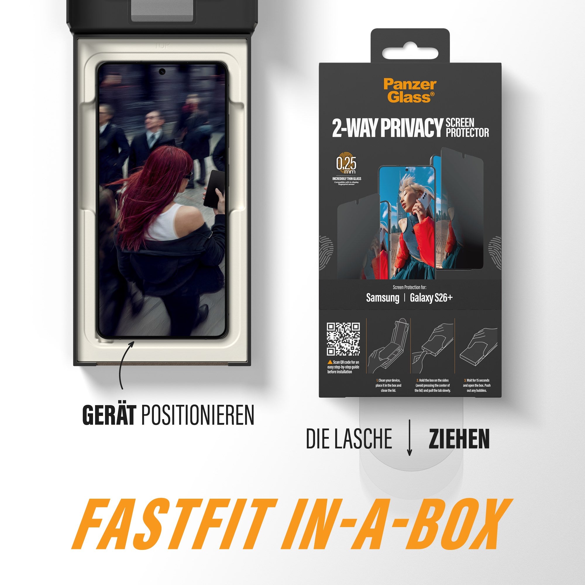 PanzerGlass® 2-Way Privacy Displayschutz Samsung Galaxy S26+ | Ultra-Wide Fit m. FASTFIT IN-A-BOX