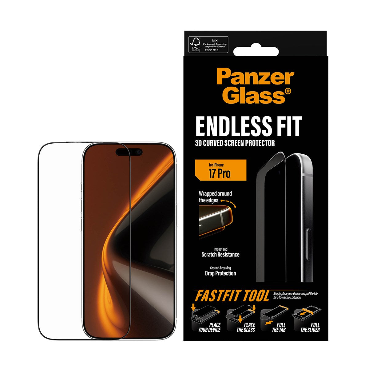 PanzerGlass® 3D Curve Displayschutz iPhone 17 Pro m. Applicator