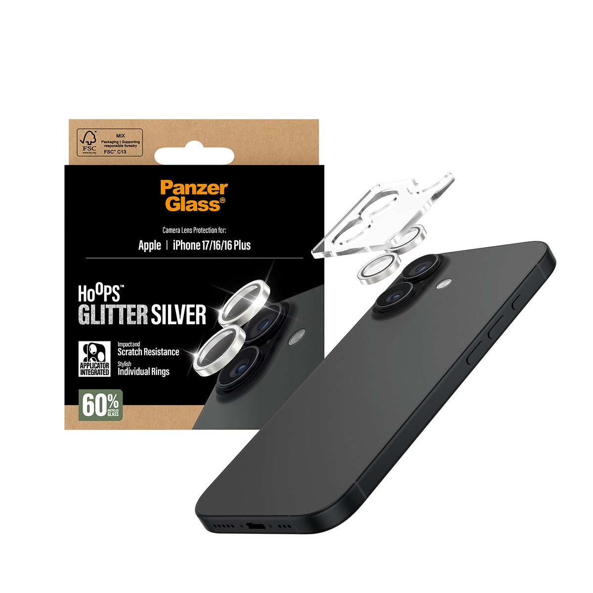 PanzerGlass® Hoops® Glitter Silber Kameraschutz iPhone 17 | iPhone 16 | 16 Plus