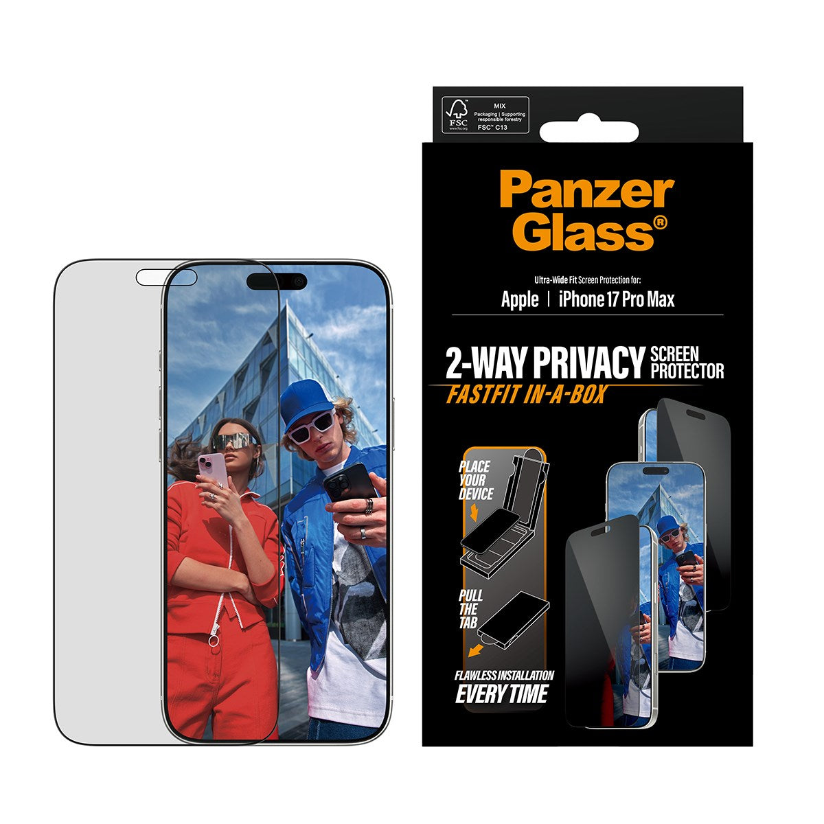 PanzerGlass® Privacy Displayschutz m. Schwarz Rahmen iPhone 17 Pro Max | Ultra-Wide Fit m. FASTFIT IN-A-BOX