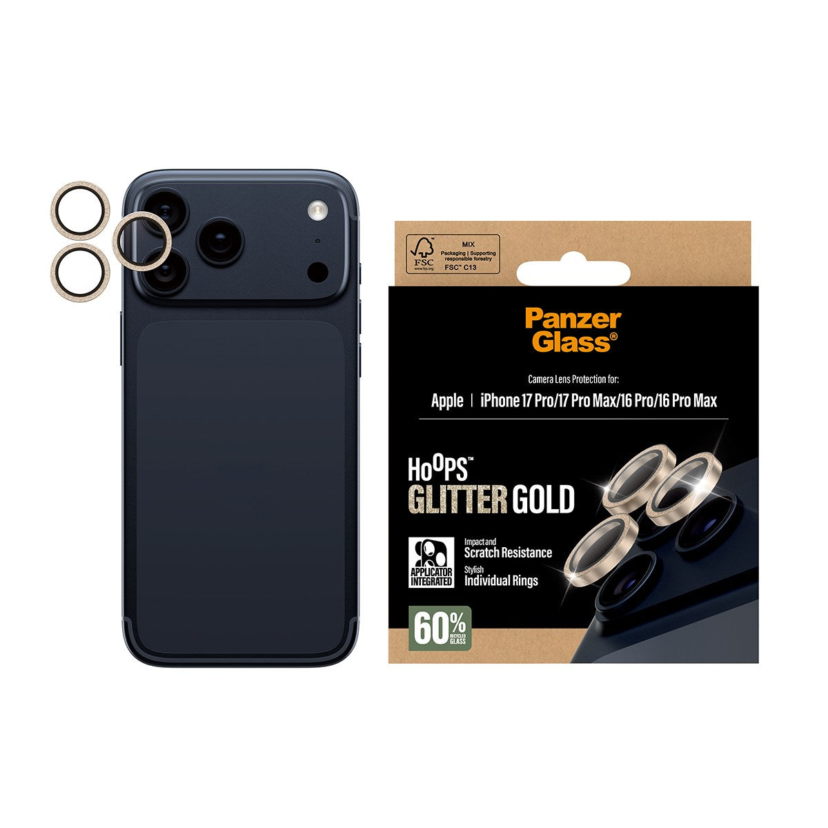 PanzerGlass® Hoops® Glitter Gold Kameraschutz iPhone 17 Pro | iPhone 17 Pro Max | iPhone 16 Pro | 16 Pro Max