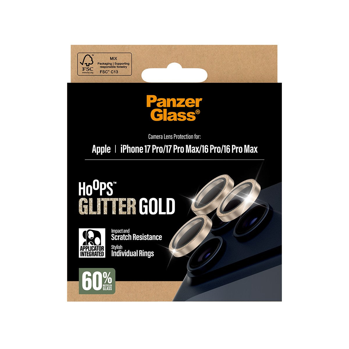 PanzerGlass® Hoops® Glitter Gold Kameraschutz iPhone 17 Pro | iPhone 17 Pro Max | iPhone 16 Pro | 16 Pro Max