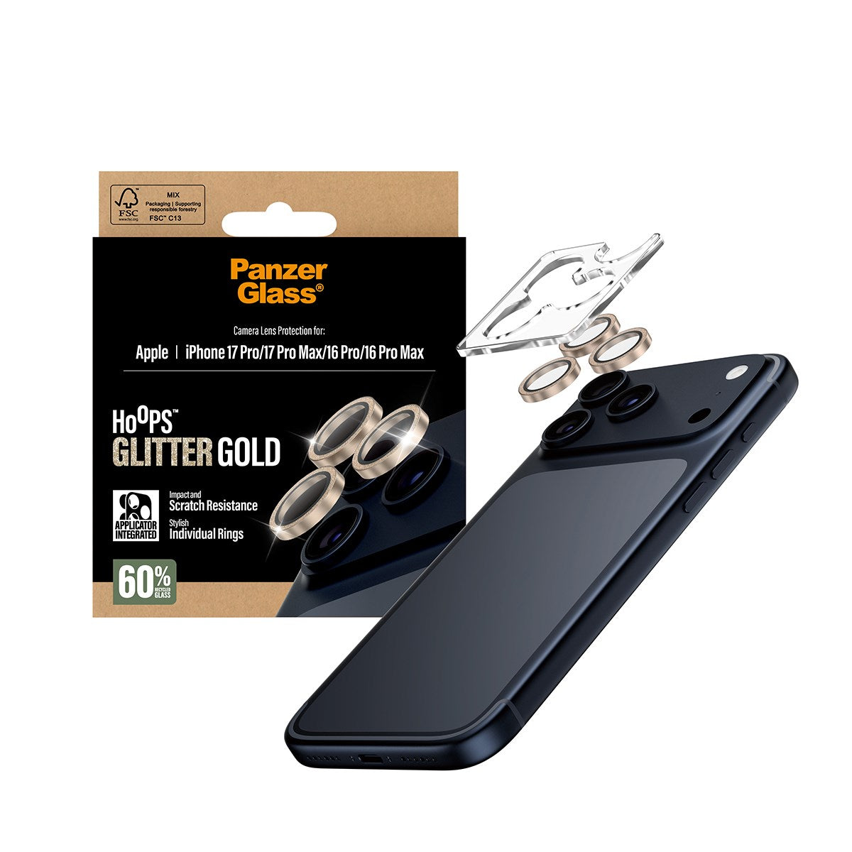 PanzerGlass® Hoops® Glitter Gold Kameraschutz iPhone 17 Pro | iPhone 17 Pro Max | iPhone 16 Pro | 16 Pro Max