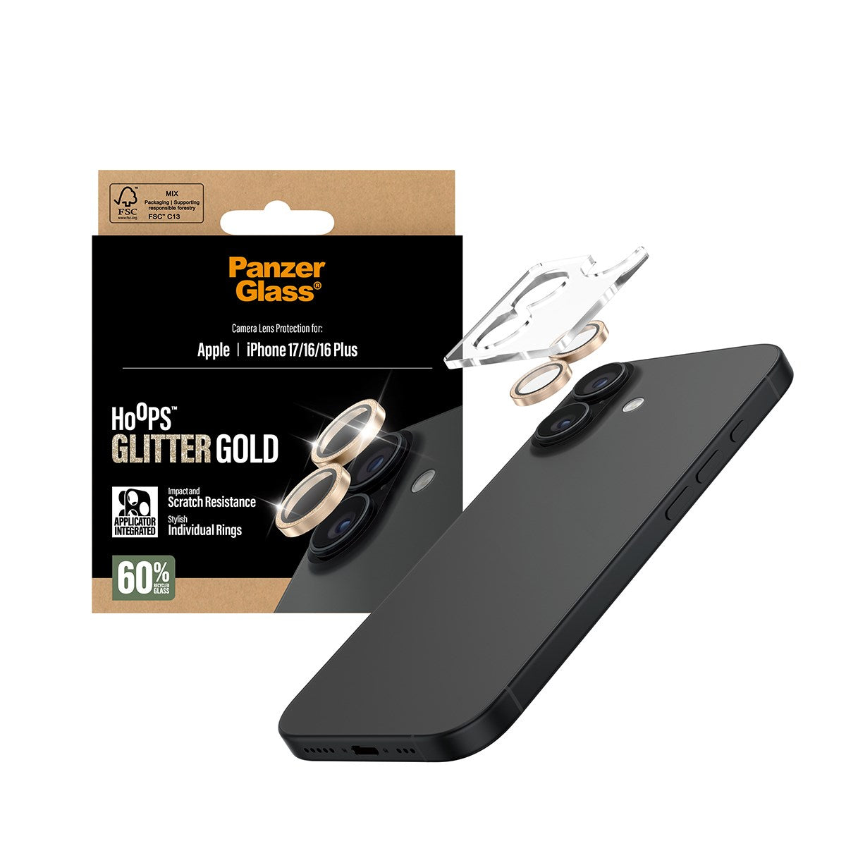 PanzerGlass® Hoops® Glitter Gold Kameraschutz iPhone 17 | iPhone 16 | 16 Plus