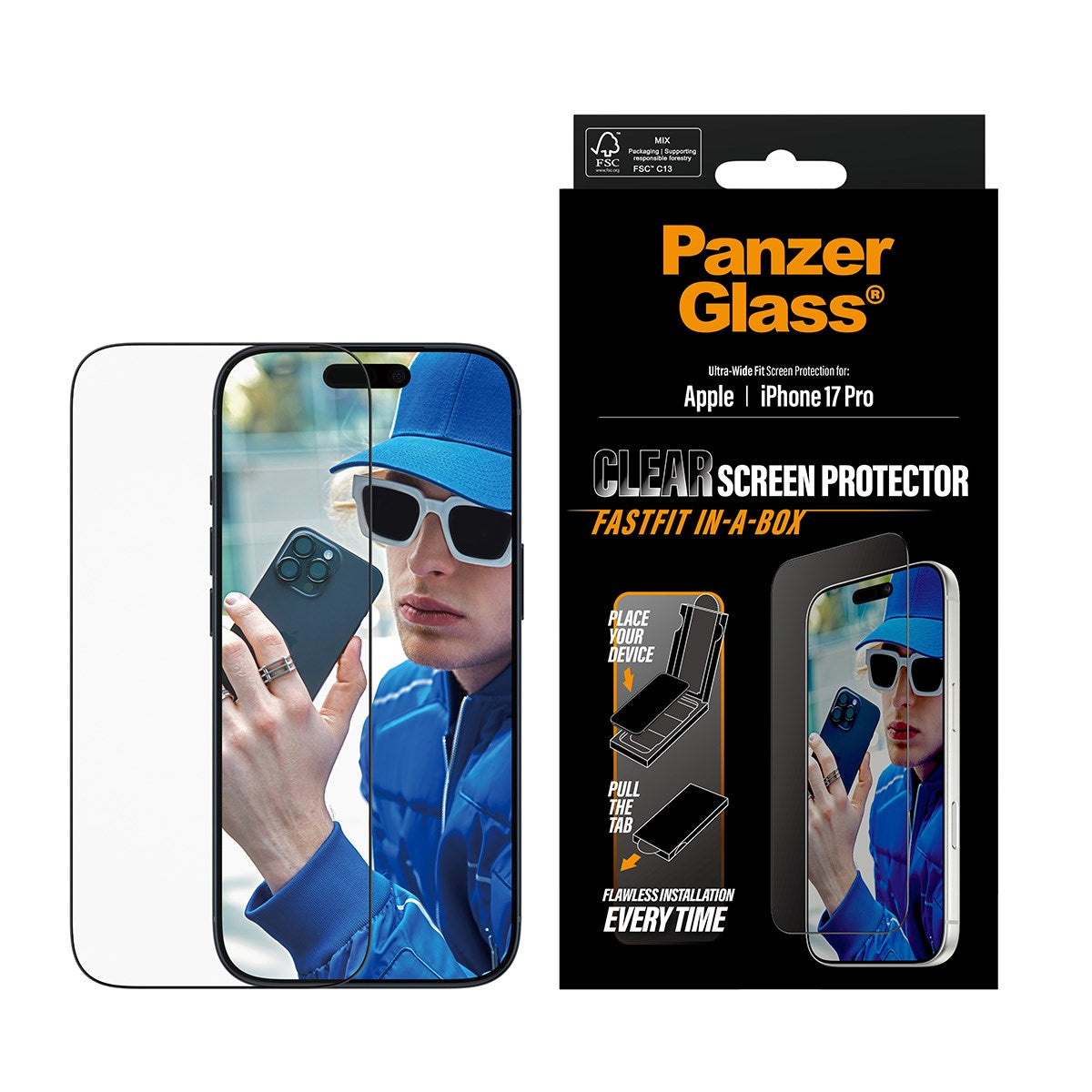 PanzerGlass® Displayschutz m. Schwarz Rahmen iPhone 17 Pro | Ultra-Wide Fit m. FASTFIT IN-A-BOX