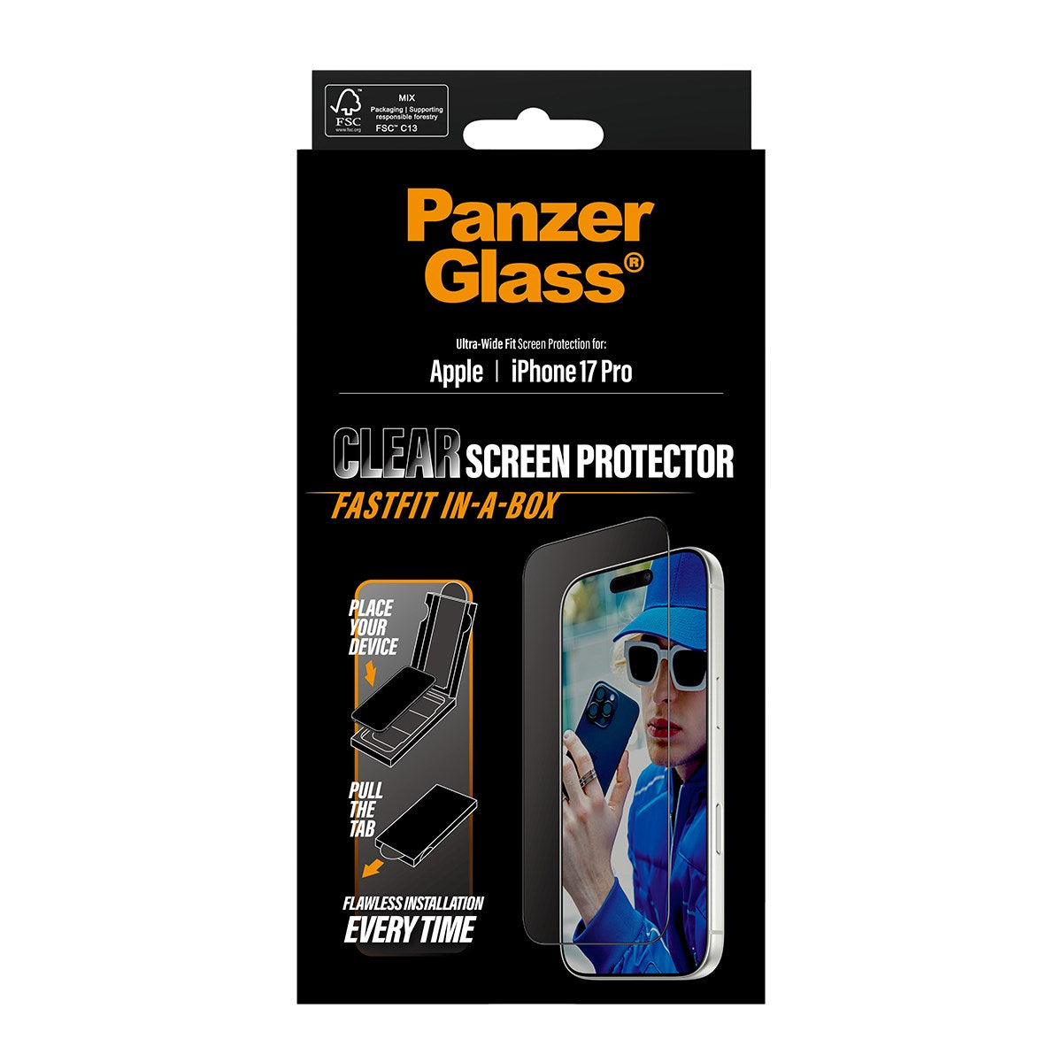PanzerGlass® Displayschutz m. Schwarz Rahmen iPhone 17 Pro | Ultra-Wide Fit m. FASTFIT IN-A-BOX