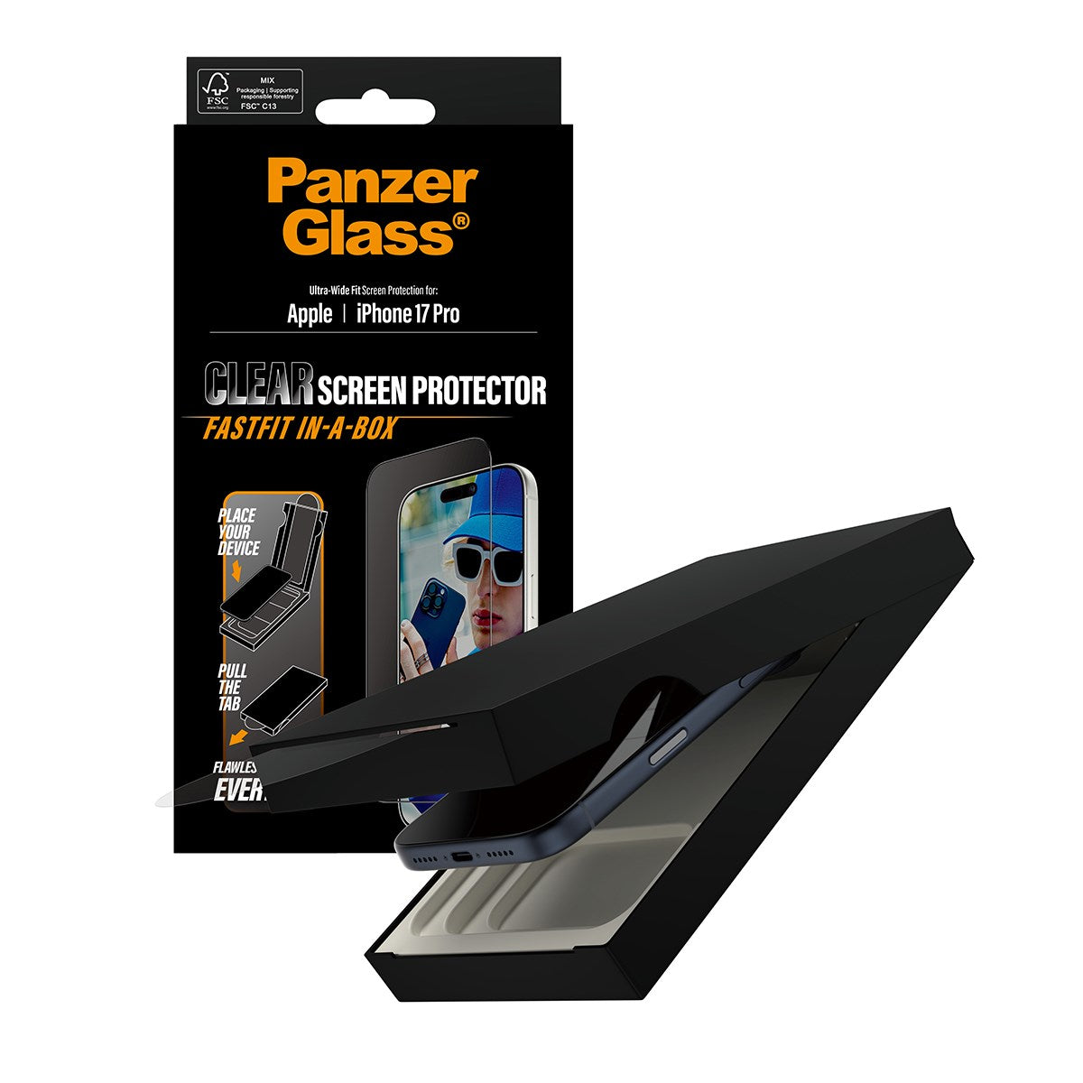 PanzerGlass® Displayschutz m. Schwarz Rahmen iPhone 17 Pro | Ultra-Wide Fit m. FASTFIT IN-A-BOX