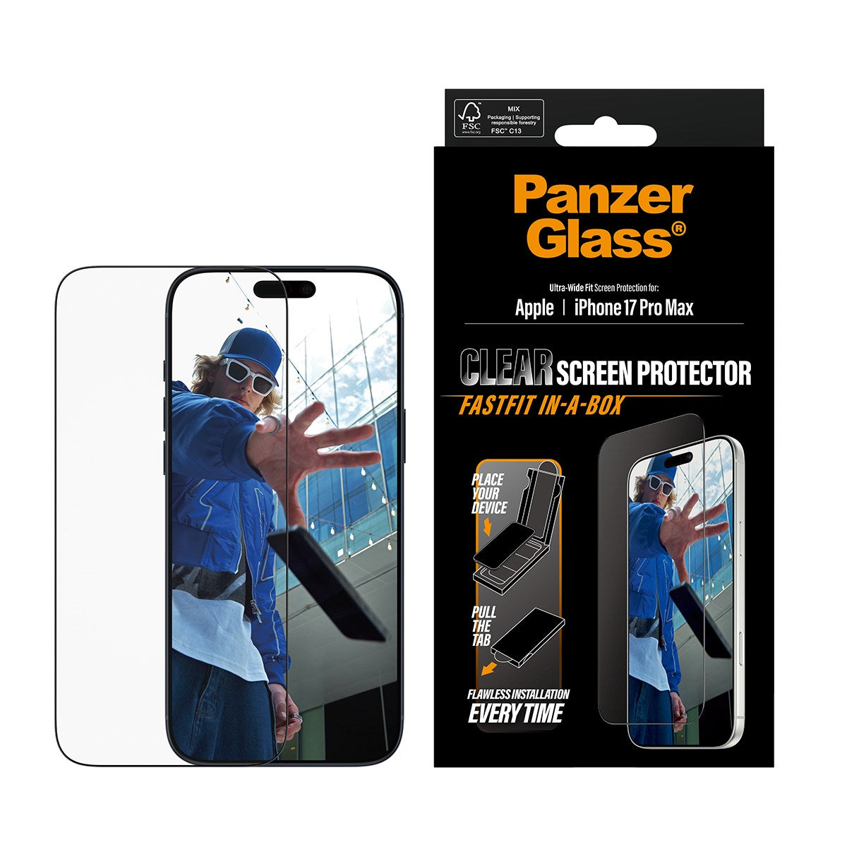 PanzerGlass® Displayschutz m. Schwarz Rahmen iPhone 17 Pro Max | Ultra-Wide Fit m. FASTFIT IN-A-BOX