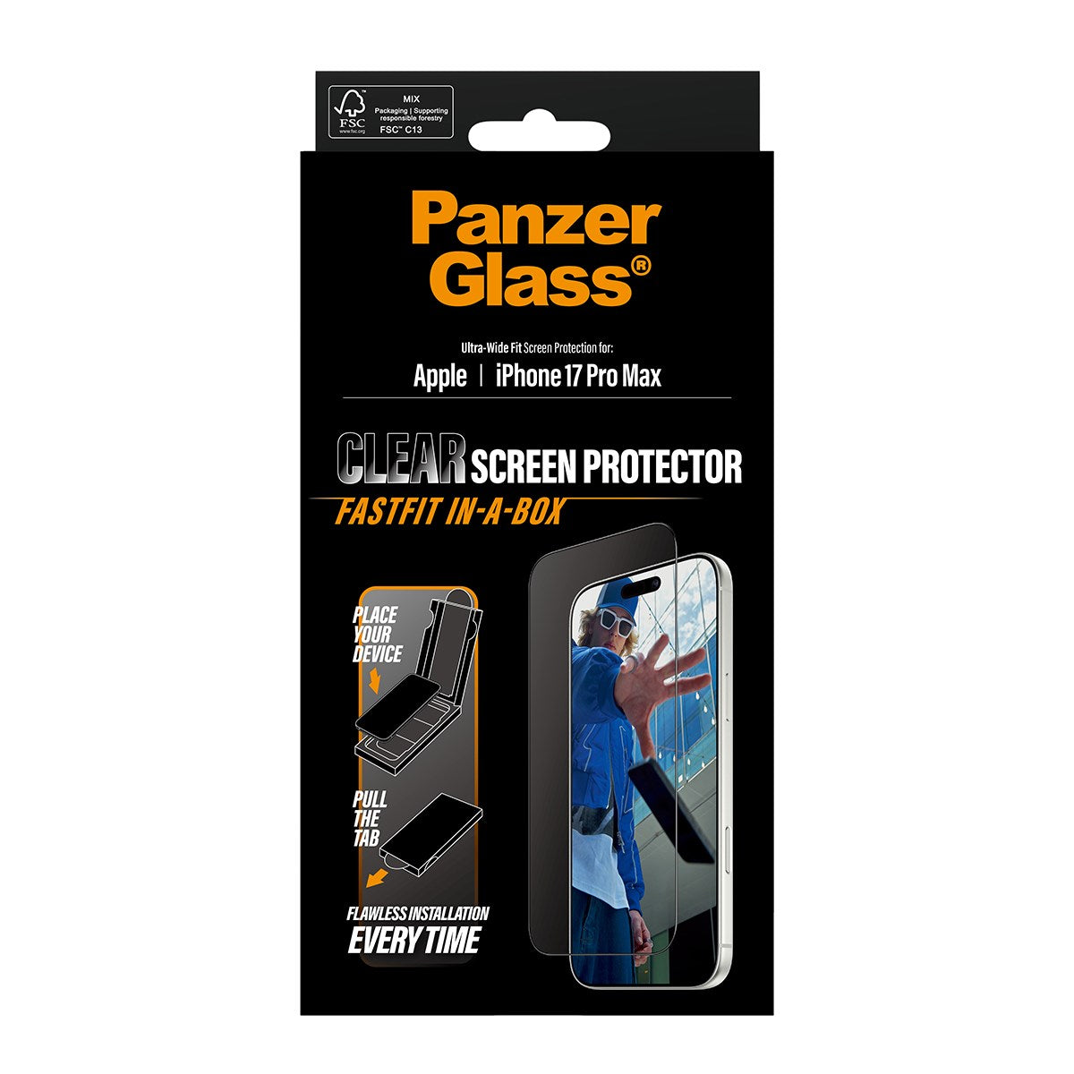 PanzerGlass® Displayschutz m. Schwarz Rahmen iPhone 17 Pro Max | Ultra-Wide Fit m. FASTFIT IN-A-BOX