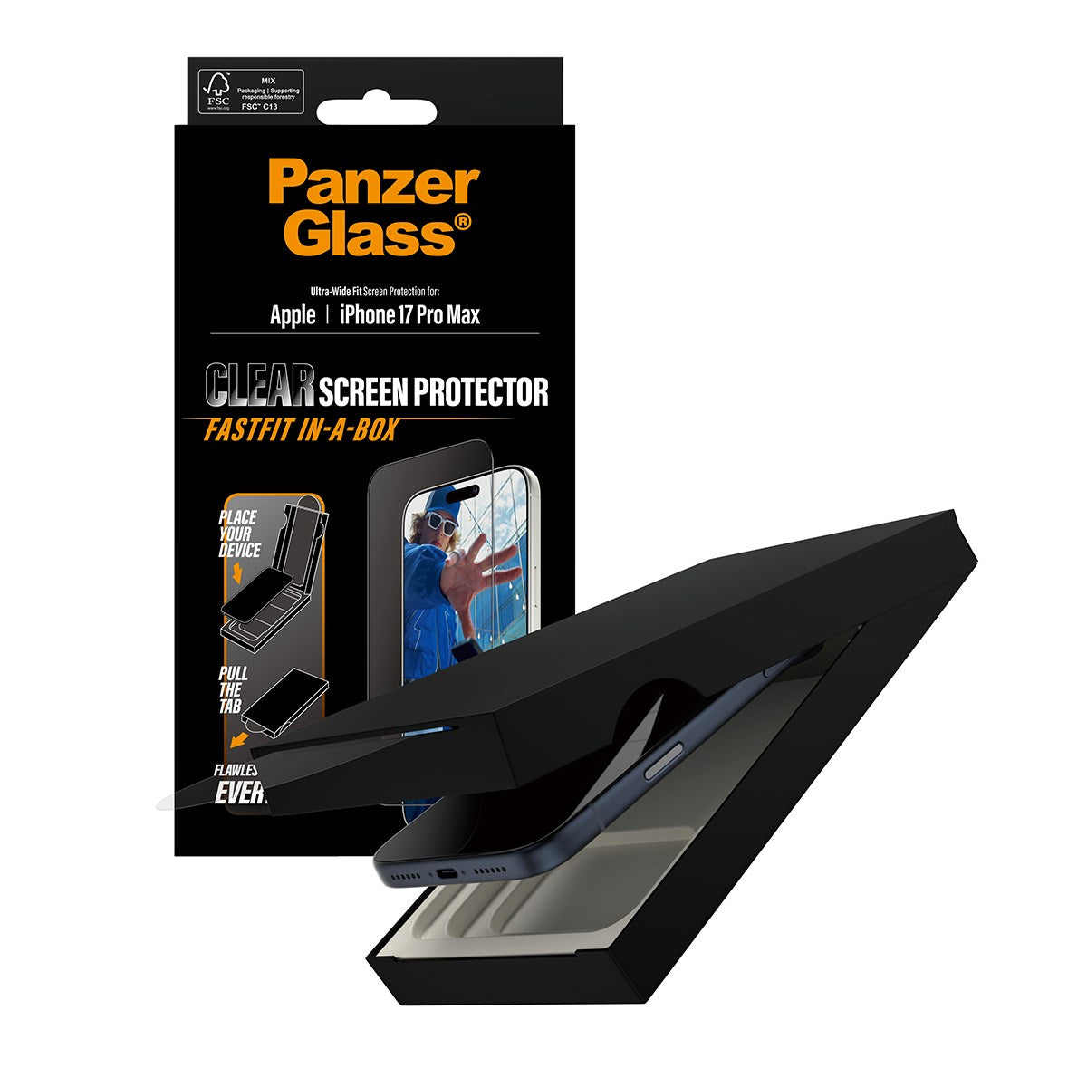 PanzerGlass® Displayschutz m. Schwarz Rahmen iPhone 17 Pro Max | Ultra-Wide Fit m. FASTFIT IN-A-BOX