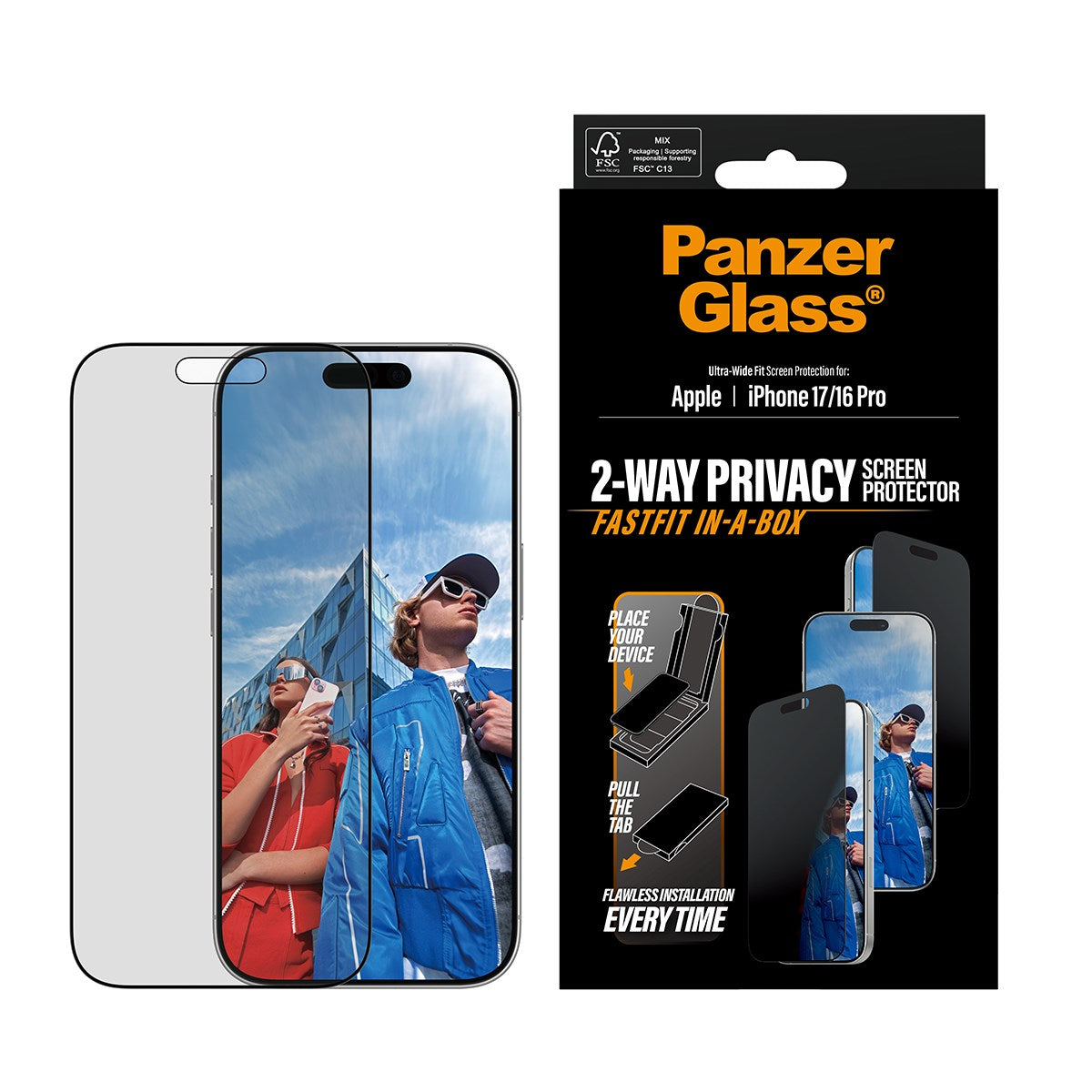 PanzerGlass® Privacy Displayschutz m. Schwarz Rahmen iPhone 17 | iPhone 16 Pro | Ultra-Wide Fit m. FASTFIT IN-A-BOX