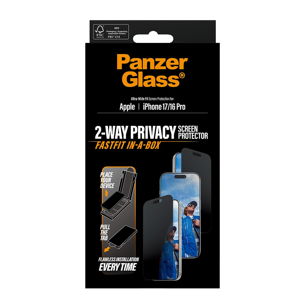 PanzerGlass® Privacy Displayschutz m. Schwarz Rahmen iPhone 17 | iPhone 16 Pro | Ultra-Wide Fit m. FASTFIT IN-A-BOX