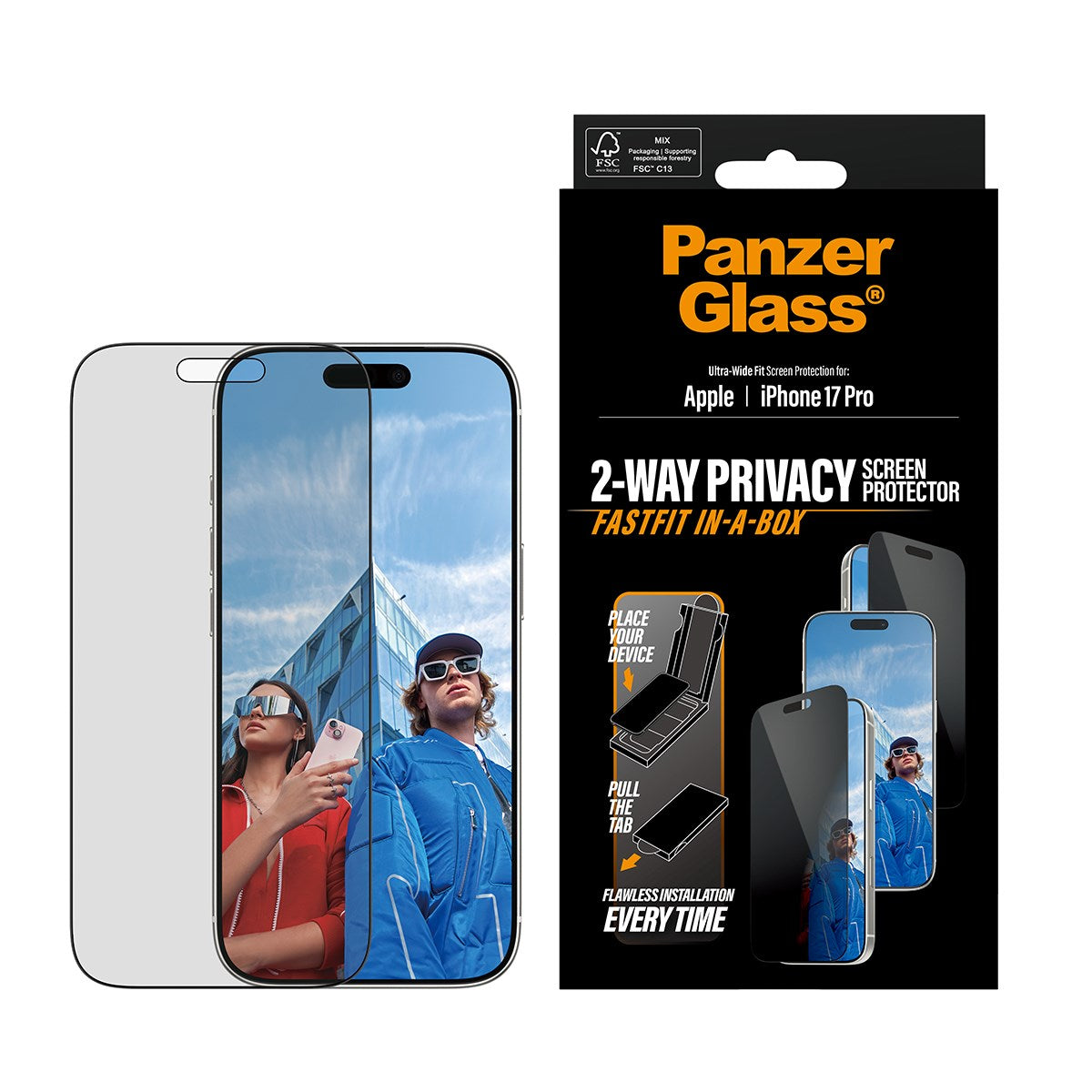 PanzerGlass® Privacy Displayschutz m. Schwarz Rahmen iPhone 17 Pro | Ultra-Wide Fit m. FASTFIT IN-A-BOX