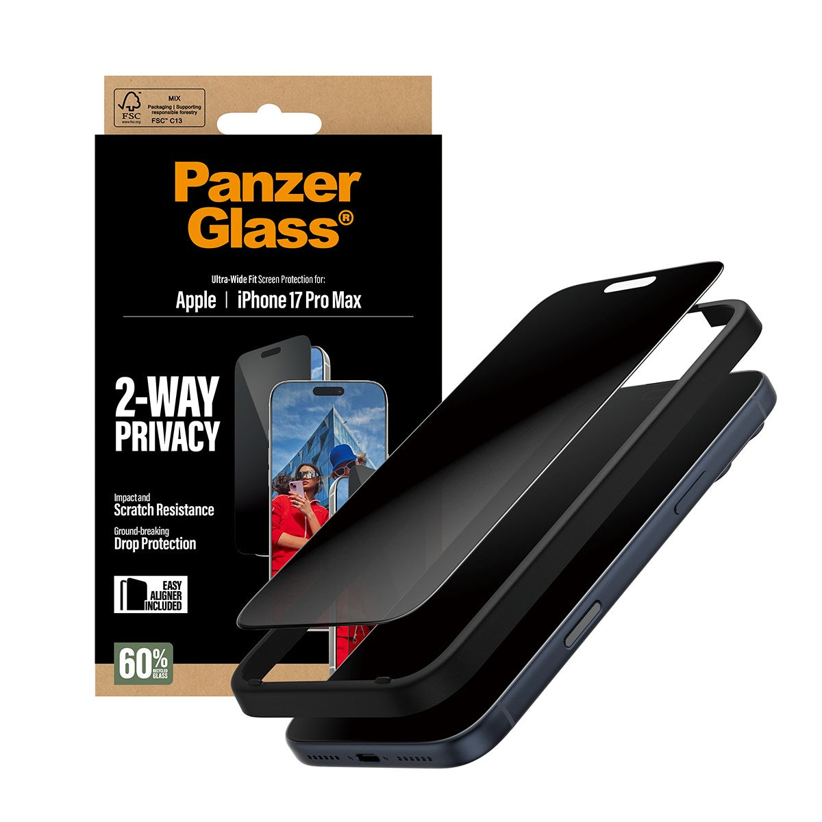 PanzerGlass® 2-Way Privacy Displayschutz iPhone 17 Pro Max | Ultra-Wide Fit m. EasyAligner