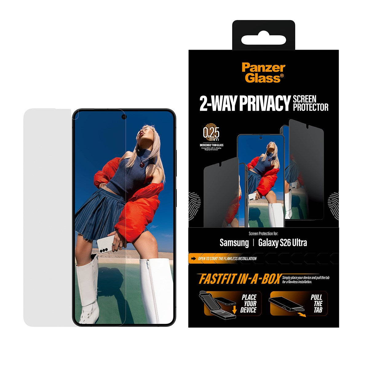 PanzerGlass® 2-Way Privacy Displayschutz Samsung Galaxy S26 Ultra | Ultra-Wide Fit m. FASTFIT IN-A-BOX