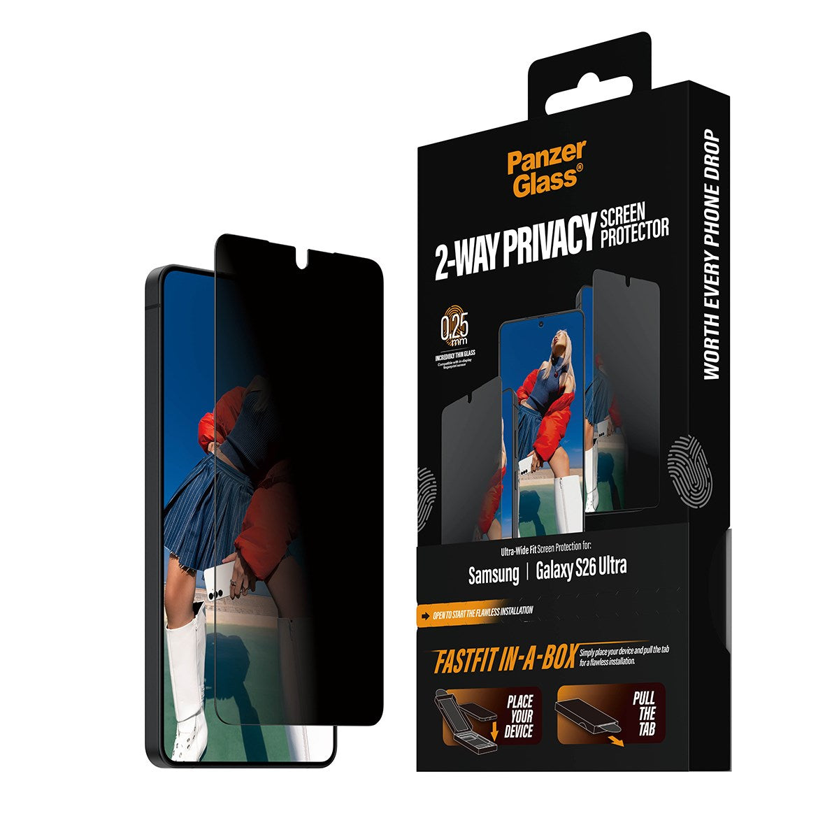 PanzerGlass® 2-Way Privacy Displayschutz Samsung Galaxy S26 Ultra | Ultra-Wide Fit m. FASTFIT IN-A-BOX