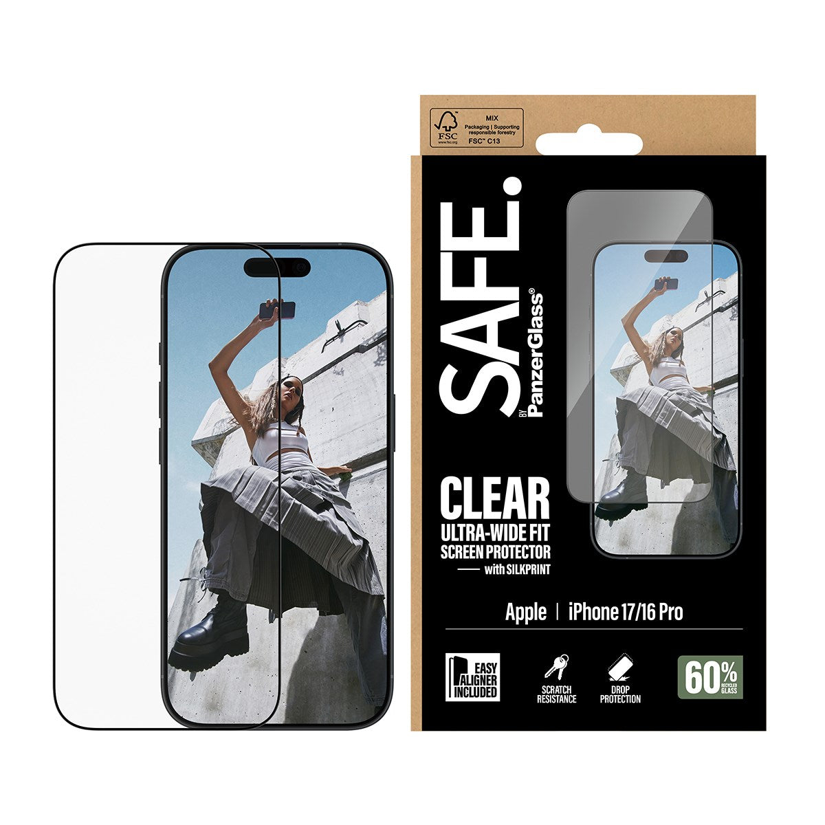 SAFE. by PanzerGlass® Displayschutz m. Schwarz Rahmen iPhone 17 | 16 Pro | Ultra-Wide Fit m. EasyAligner