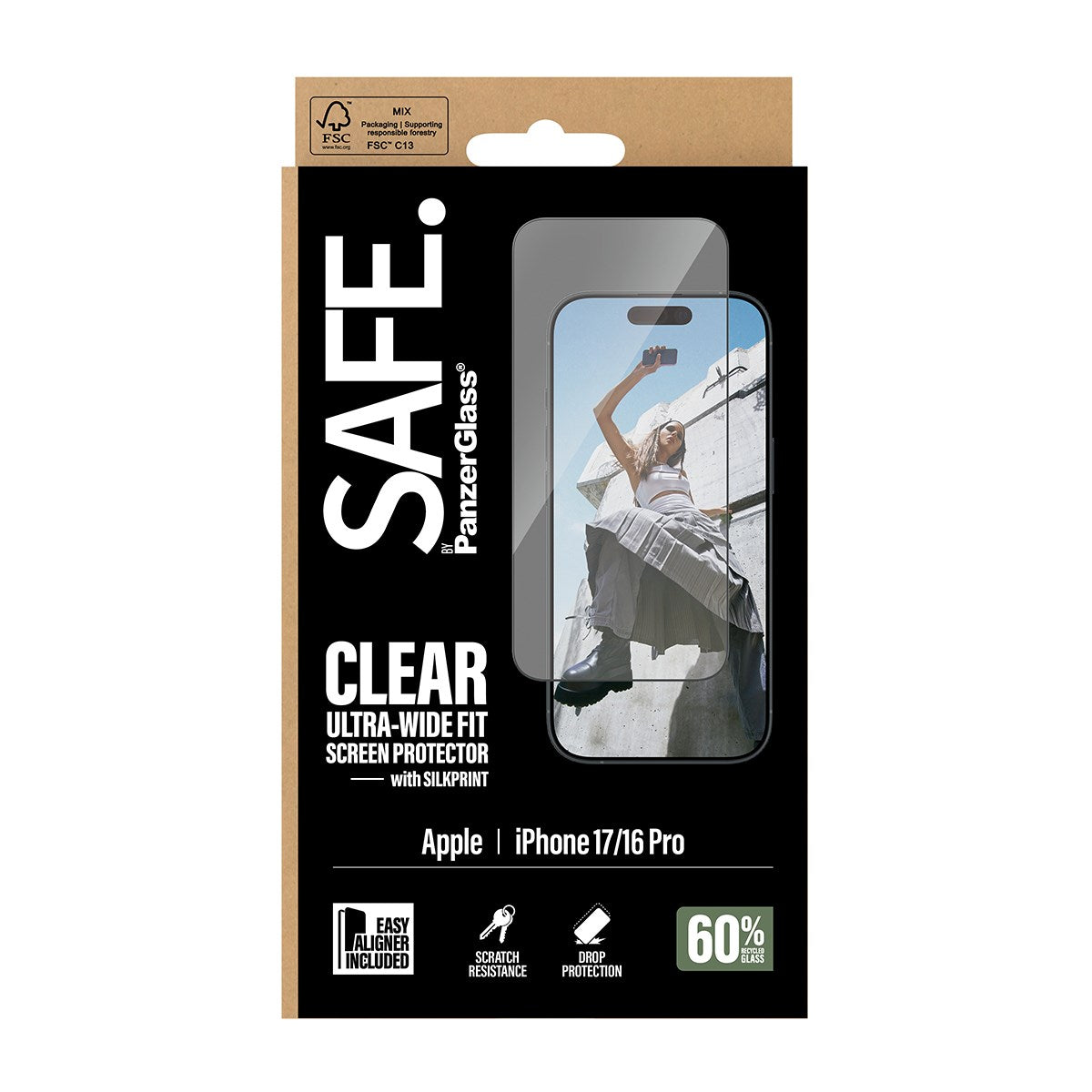 SAFE. by PanzerGlass® Displayschutz m. Schwarz Rahmen iPhone 17 | 16 Pro | Ultra-Wide Fit m. EasyAligner