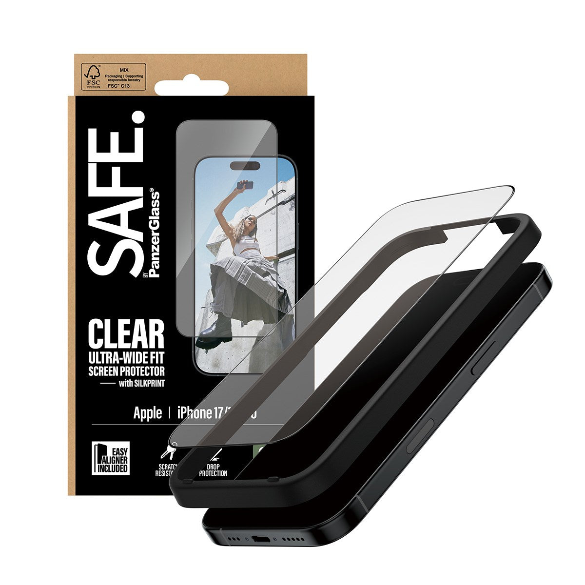 SAFE. by PanzerGlass® Displayschutz m. Schwarz Rahmen iPhone 17 | 16 Pro | Ultra-Wide Fit m. EasyAligner