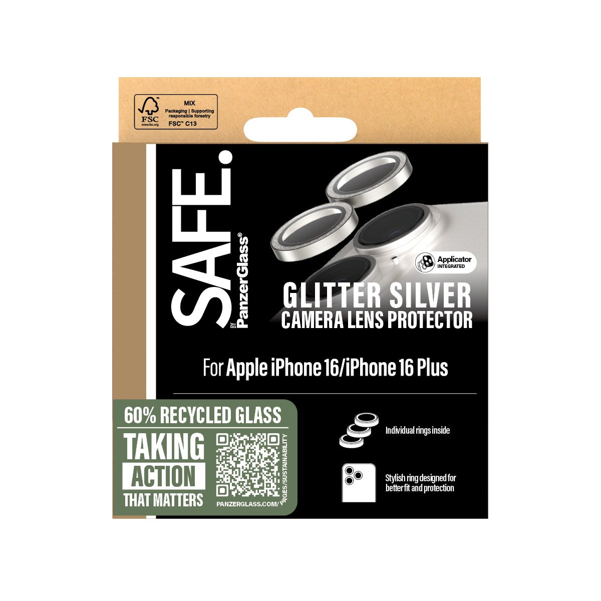 SAFE. by PanzerGlass® Kameraschutz Glitter Silber iPhone 16 | 16 Plus