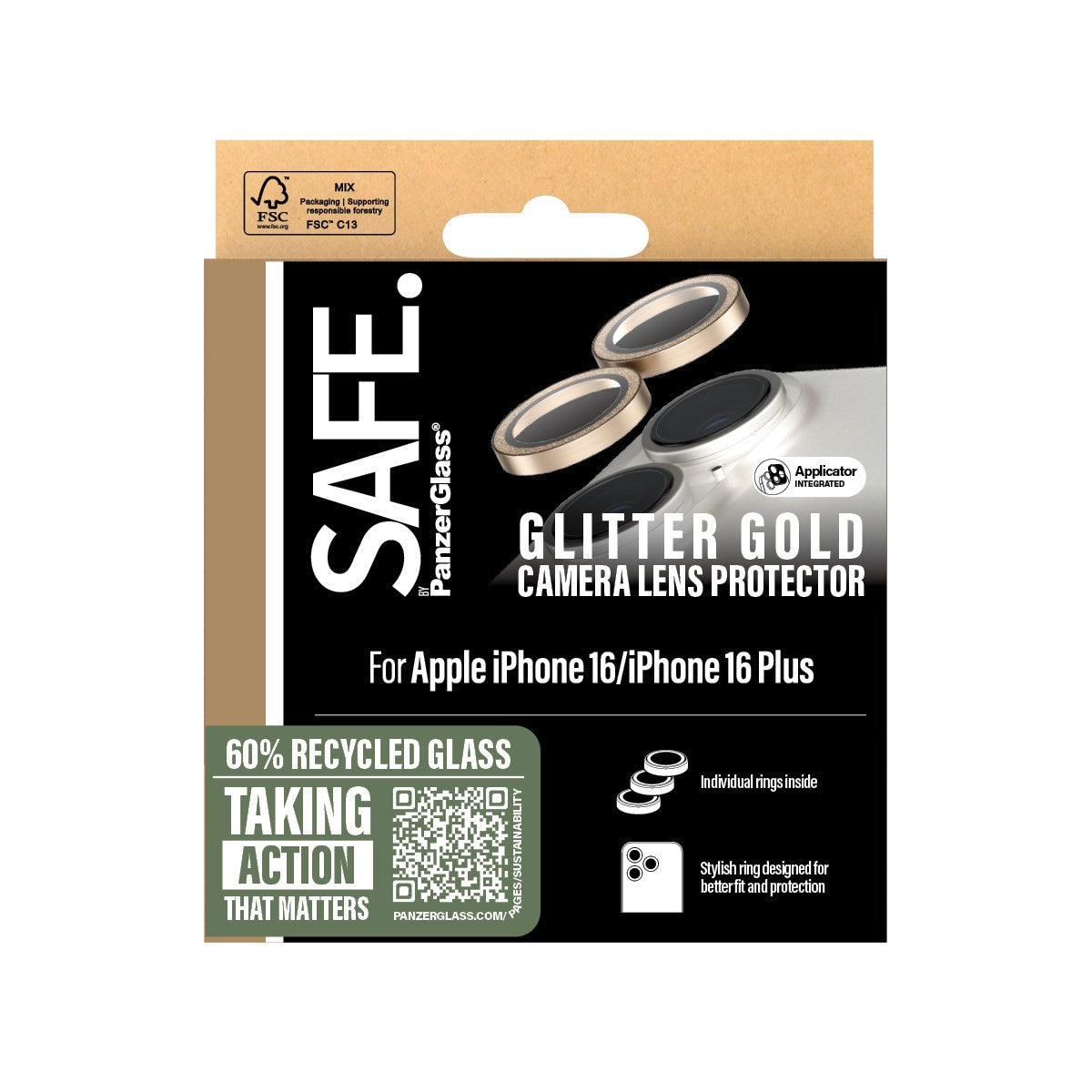 SAFE. by PanzerGlass® Kameraschutz Glitter Gold iPhone 16 | 16 Plus