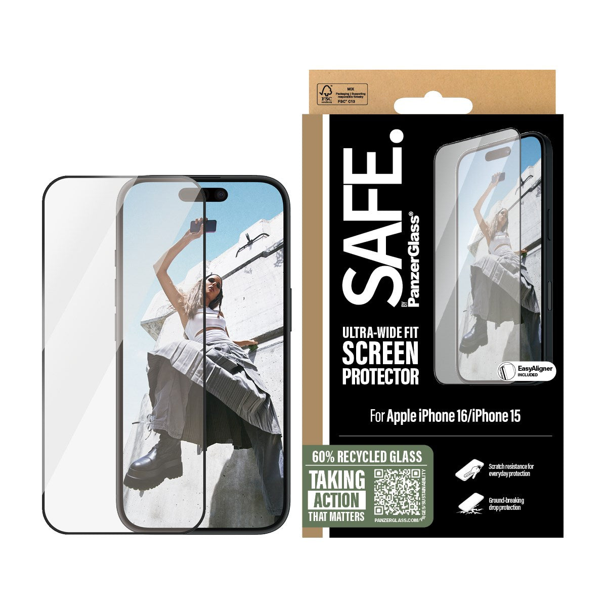 SAFE. by PanzerGlass® Displayschutz m. Schwarz Rahmen iPhone 16 | 15 | Ultra-Wide Fit