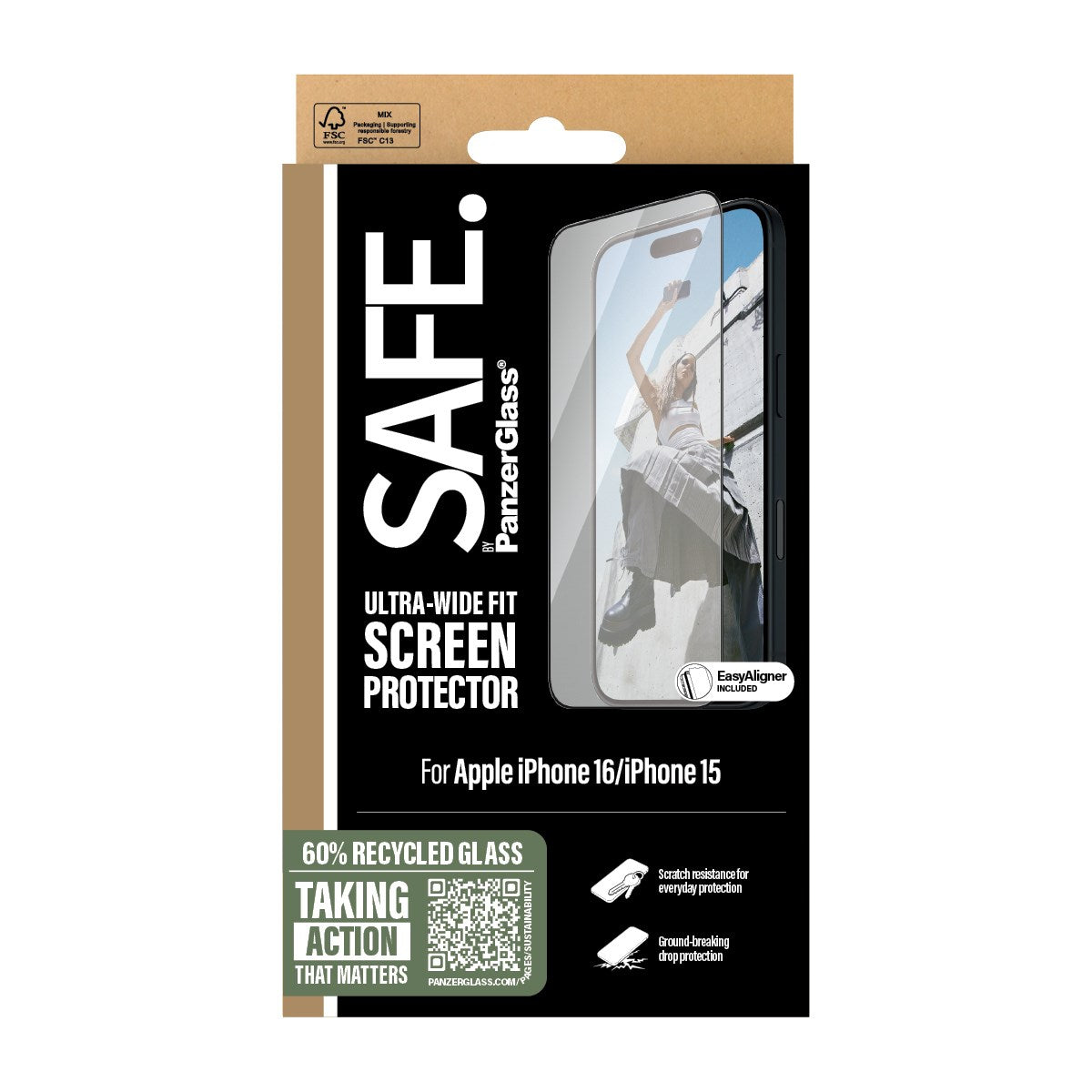 SAFE. by PanzerGlass® Displayschutz m. Schwarz Rahmen iPhone 16 | 15 | Ultra-Wide Fit