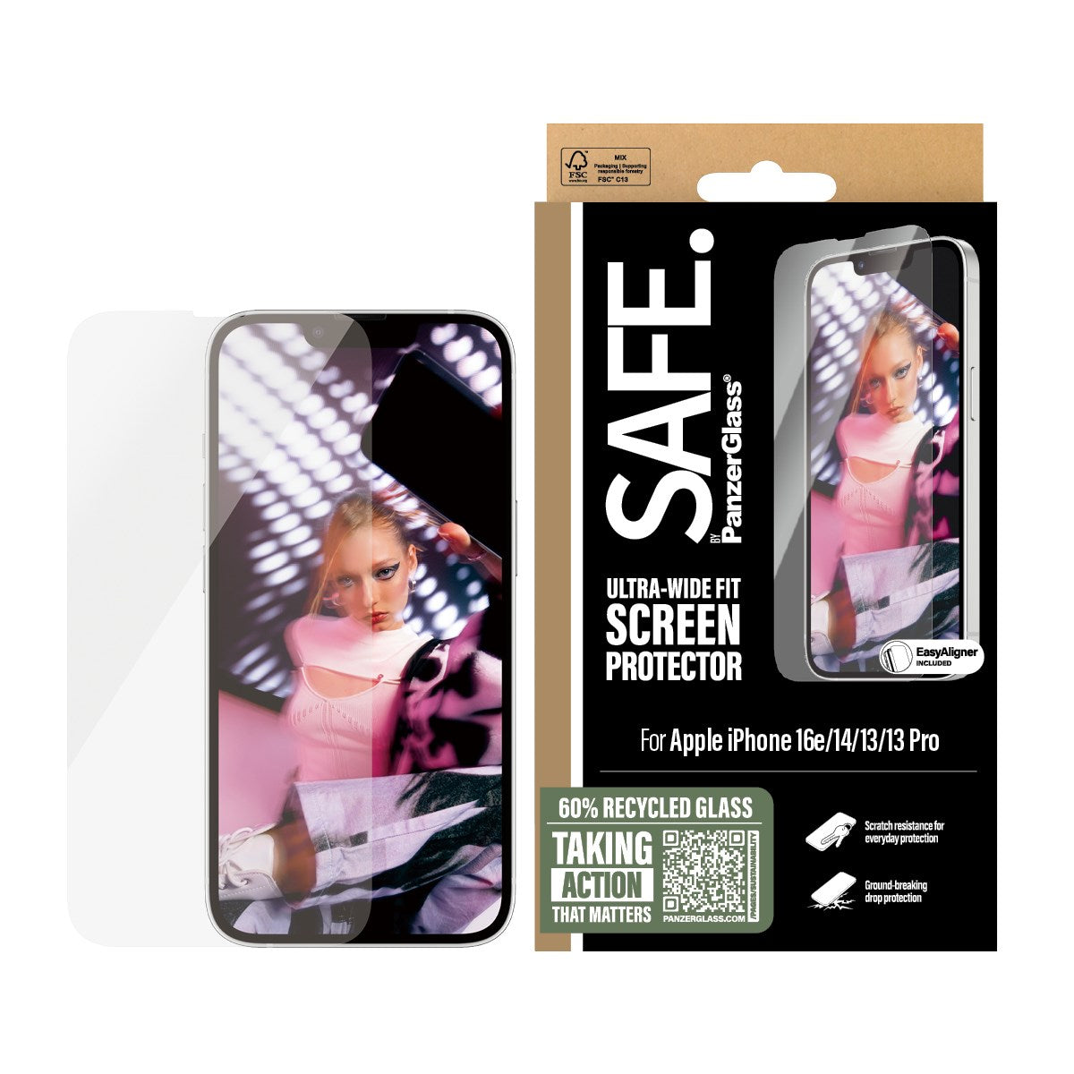 SAFE. by PanzerGlass® Displayschutz iPhone 16e | 14 | 13 | 13 Pro | Ultra-Wide Fit m. Aligner